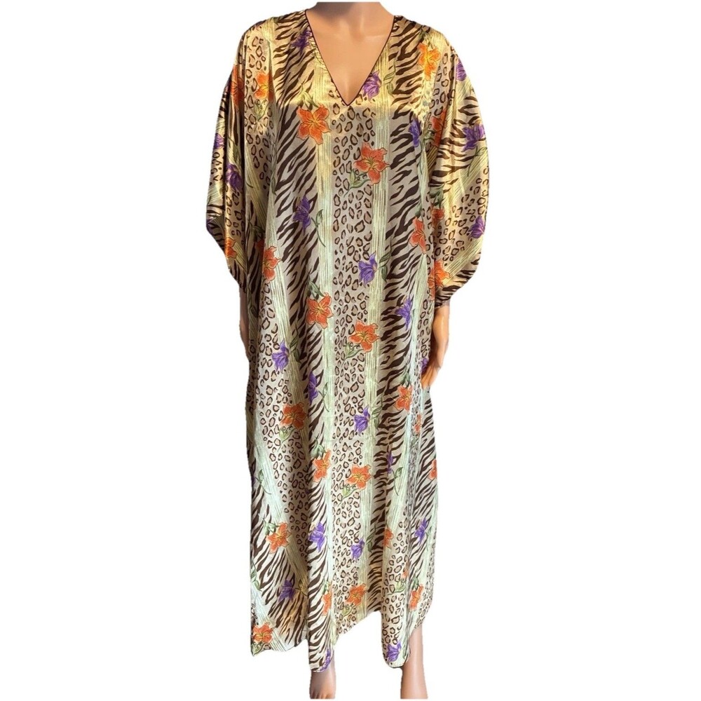 VTG Winlar Kaftan Dress One Size Animal Print V-Neck Lounge Caftan Brown Resort